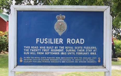 Sign on the Lawns of Gun Hill Signal Station in St. George, Indicating that Fusilier Road was Built by the Royal Scots Fusiliers